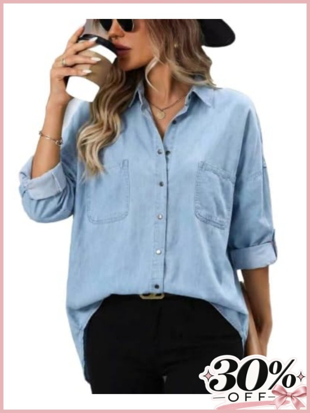 Women's Plus Size Snap Button Denim Shirt Long Sleeve Oversized Shacket